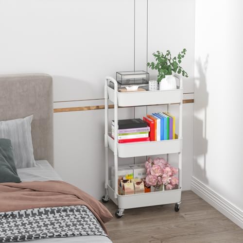 Eco-Friendly Sywhitta 3-Tier Plastic Rolling Utility Cart with Handle, Multi-Functional Storage