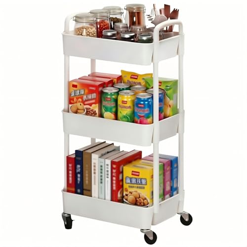 Eco-Friendly Sywhitta 3-Tier Plastic Rolling Utility Cart with Handle, Multi-Functional Storage