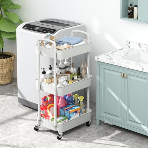 Eco-Friendly Sywhitta 3-Tier Plastic Rolling Utility Cart with Handle, Multi-Functional Storage